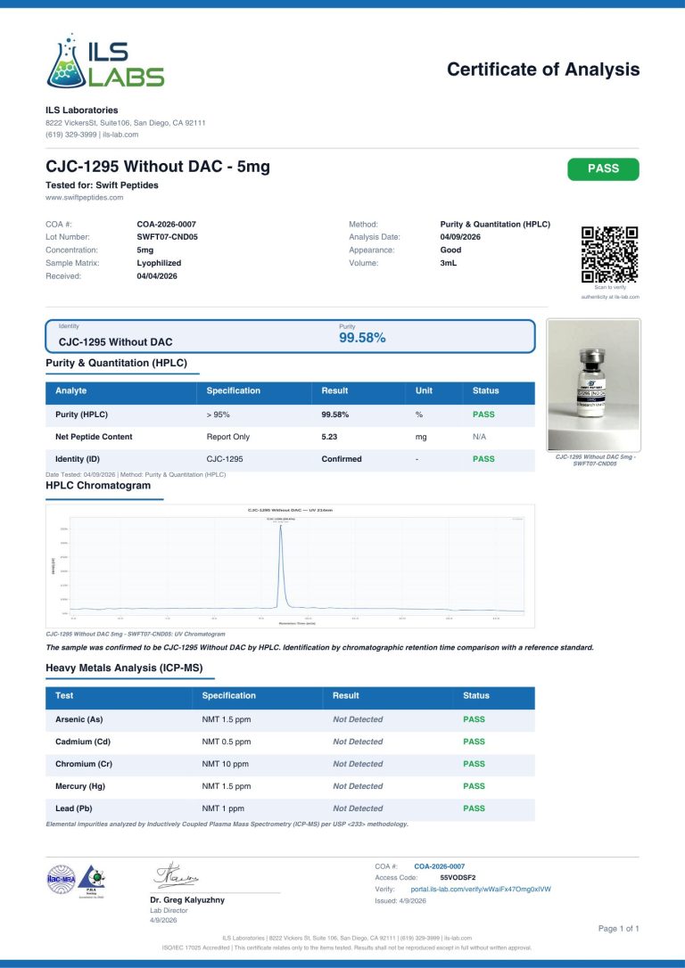 CJC-1295 Without DAC – 5mg COA, lot SWFT07-CND05