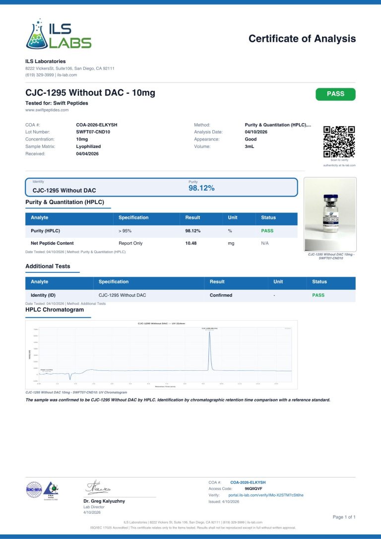CJC-1295 Without DAC – 10mg COA, lot SSWFT07-CND10