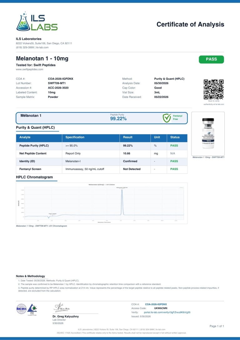 Melanotan I COA, lot SWFT09-MT1